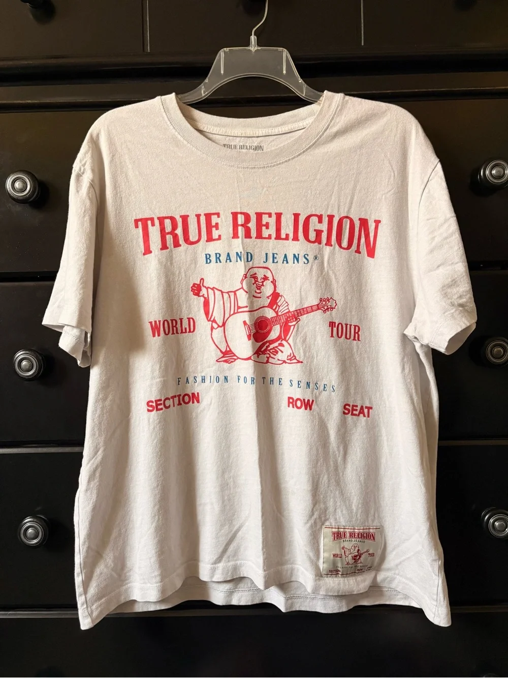 True Religion White Tee with Red & Blue Graphic Logo
